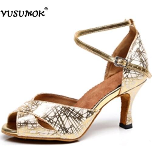VUSUMOK Modern Velvet net Latin Shoes Tango Salsa Breathable Samba Women Dance Shoes Ladies Square Lace Heels Plugs size 33-43