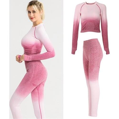 Ombre Women Yoga Set Seamless Leggings Long Sleeve Crop Top Sports Bra Running Pants Gym Clothing Fitness Workout Sports Suit