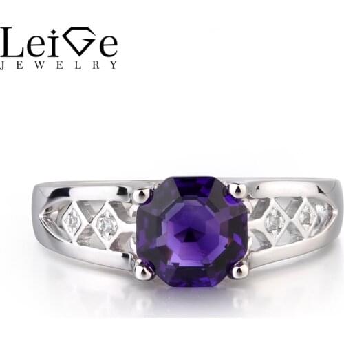 LeiGe Jewelry Octagon Shape Natural Purple Color Amethyst Rings Anniversary Gemstone Vintage Style Ring Withe Stone 925 Silver