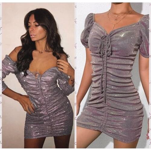 Womens Spring/Summer 2020 New V-neck Sexy Bright Silk Bubble Sleeve Bag Hip Dress Women