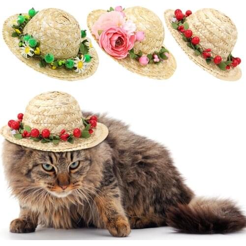 1PCS Pet Straw Hat Flower Berry Cute Dog Straw Hat Cat Hat with Adjustable Chin Strap Summer Dog Straw Sun Hat Cap