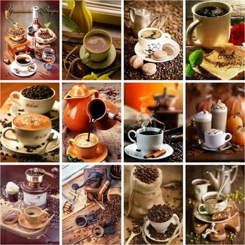 Huacan 5d Diamond Painting Mosaic Coffee Cup Diamond Embroidery Mosaic Coffee Beans Scenery Home Decor Wall Stickers