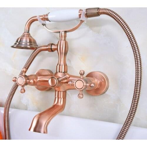 Antique Red Copper Brass Dual Cross Handles Wall Mounted ClawFoot Bath Tub Faucet Mixer Tap With Hand Shower Spray mna340