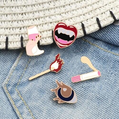 Girls Lips Red Wine Cigarette Matches Enamel Pin Denim Jackets Shirt Lapel Brooch Pins Bag Jeans Badge Jewelry Gifts For Women