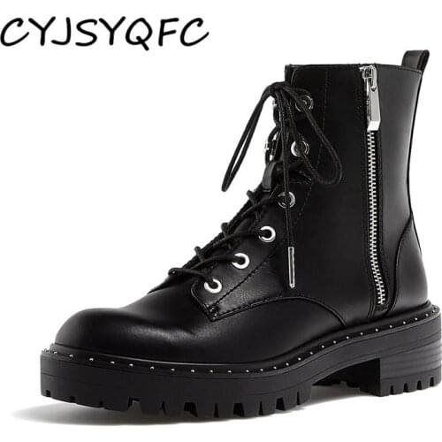 CYJSYQFC High Quality Black Leather Flat Platform Women Ankle Boots Metal Rivets Lace Up Side Zip Thick Bottom Lady Short Boots