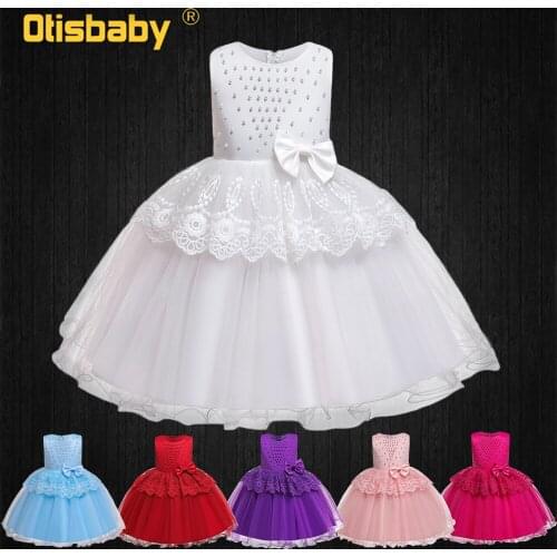 Kids Princess Voile Lace Flower Girls Dresses with Beading Bow Infant Birthday Party Ball Gown 1 Years Newborn Christening Dress