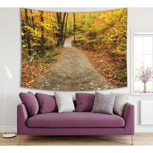 Tapestry A Path Running Through Forest Trees with Colorful Leaves During the Autumn Seasonal Orange Green Scenery Print