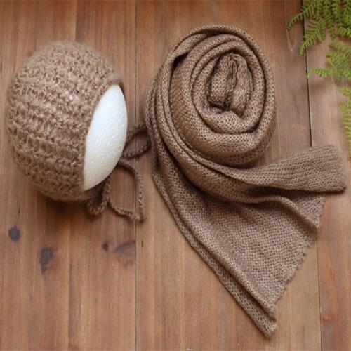 Brown Newborn Wrap Stretch Jersey Wrap and Hat Baby Photography Blanket Knit Baby Boy Hat Props Crochet Soft Sweater Layer Cap