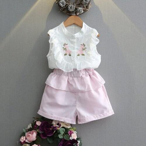 Gooporson Summer Kids Clothes Flower Embroidery Sleeveless Shirt&shorts 2 Pcs Little Girls Chiffon Clothing Set Fashion Outfits