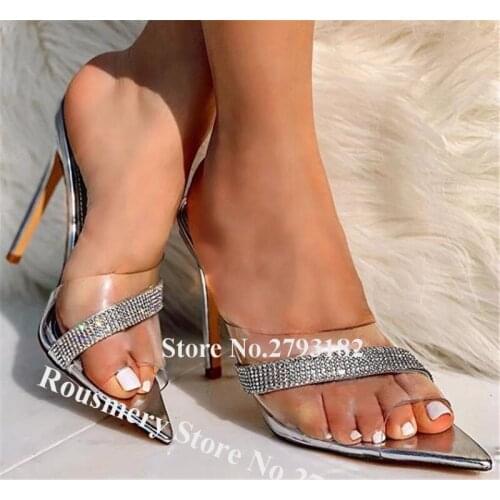 Bling Bling Women Fashion Pointed Open Toe PVC Patchwork Rhinestone Sandals Black Silver Crystal Stiletto Heel Slipper Sandals