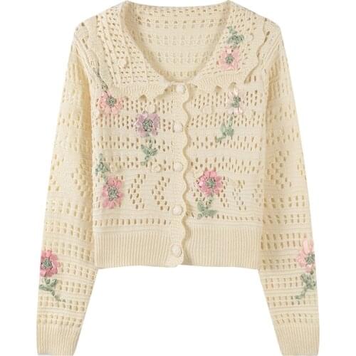 Fashion Floral Embroidery Cardigan Sweater Women Single Breasted Female Hollow Out Short Coat Knit Crop Top Ladies Pull Femme