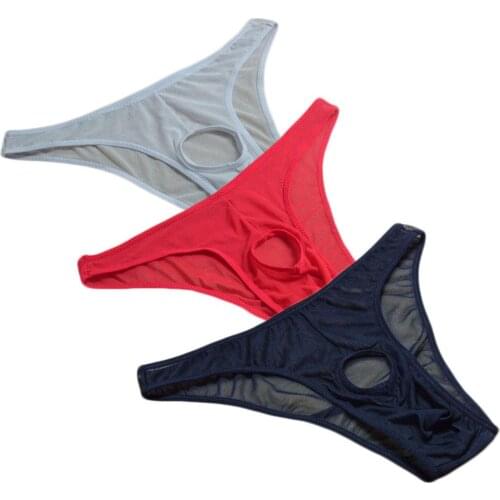 Mens 3 Colors Pack Sexy Brief Cool Underwear Ice Mesh G-Strings Bikini Thongs Gift For Boyfriend