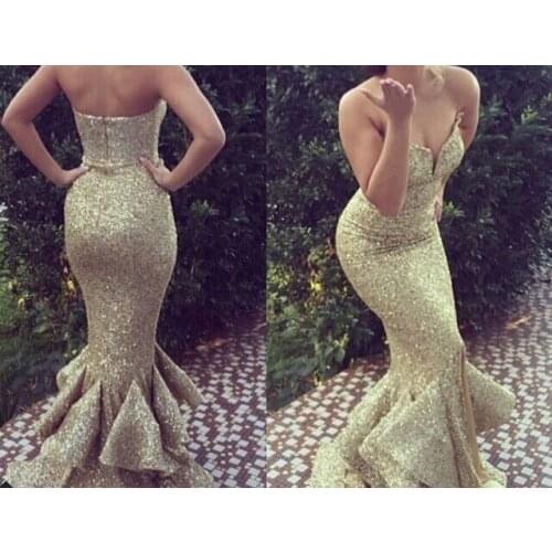 2015 New Arrival Vestido Said Mhamad Gold Sequin Mermaid Sweetheart Off the Shoulder Elegant Fashion Party Evening Dress