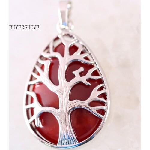 Silver Color Tree of life Water Drop Necklace Pendant Natural Gem Stone Red Carnelian 1Pcs K438