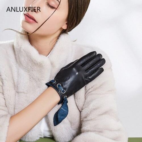 H9902 Genuine Leather Gloves Women Fall Winter Warm Thermal Mittens Driving Short Velvet Thick Touch Screen Sheepskin Hand Muff