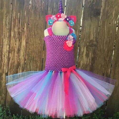 Multicolor Baby Girls Unicorn Flower Tutu Dress Kids Tulle Tutus with Ribbon Bow and Headband Kids Birthday Party Costume Dress