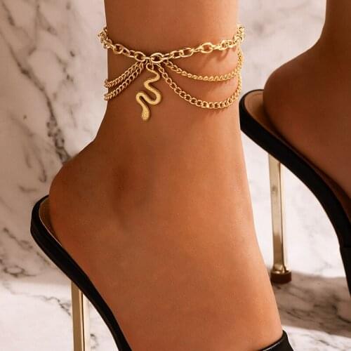 Docona 1pcs/set Adjustable Snake Pandent Anklet Set for Women Gold Color Layered Geometry Alloy Metal Lady Party Jewelry 20014