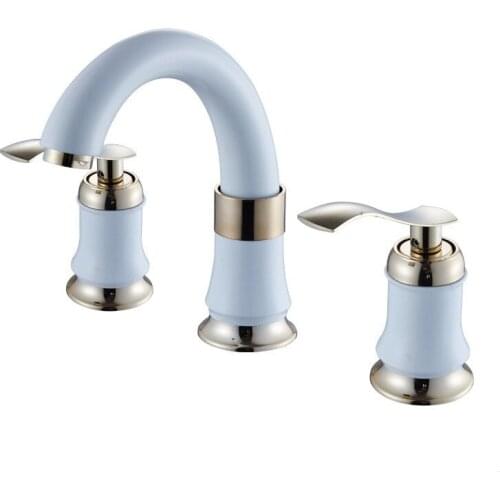Golden white three-piece full copper double handle three hole basin faucet split type hot and cold water faucet