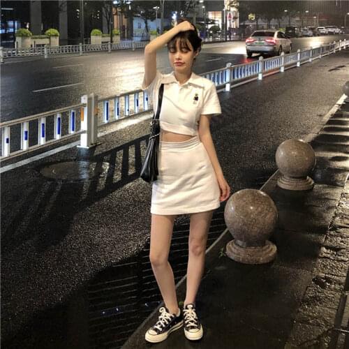 Student Two Piece Set Lapel T-Shirt Set Dress Sweet Shorts Sets Solid Skirts Bareback Sport 2 Piece Set Women Split 2021