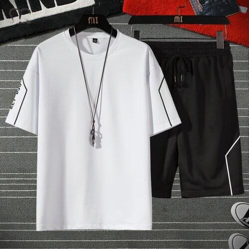 Sweat Suits Men White Black Joggers Set Fashion Casual Sports Suit T Shirt+Shorts Tracksuit Men Casual Summer 2 Piece Mens Sets