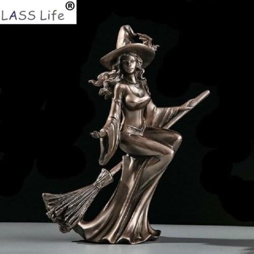 Nordic Resin Cast Bronze Art Witch Statue Figurines Novelty Characters Wizard Sculpture Home Office Housewarming Decoration Gift