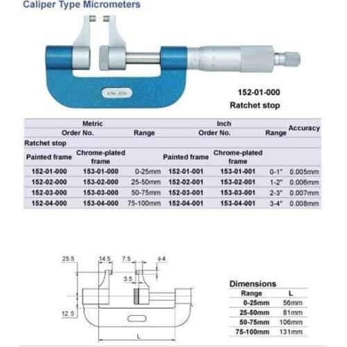Caliper Type Micrometers 25-50mm.1-2inch.152-02-000