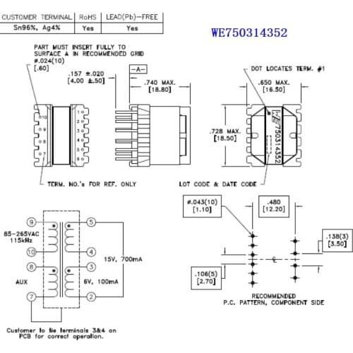 WE750314352 SMPS ferrite core transformer pin9-10 inductance 900uH+/-10