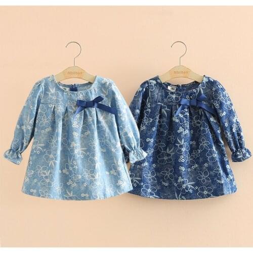 2021 Spring Autumn 2-10T Years Child Kids Birthday Gift O Neck Long-Sleeve Flower Print Denim Blue Colour Bow Cute Girls Shirt