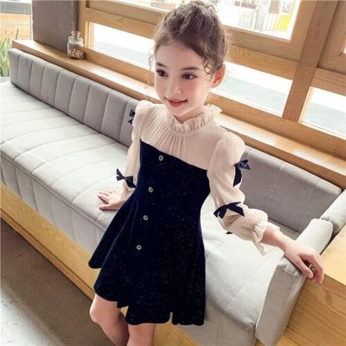 Spring Girls Dress Navy Blue Party Princess Dresses for Girls Autumn Bowknot Long Sleeve Kids Girls Dress Children Clothes 2021