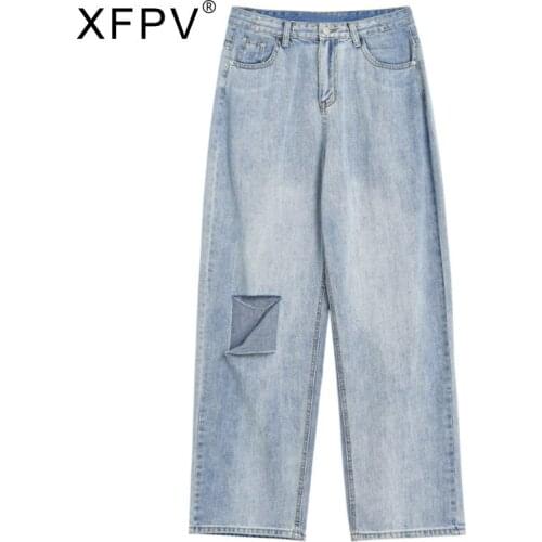 XFPV 2021 Autumn Winter New Fashion Hole Jeans Womens Korean Style Loose High Waist Straight Wide Leg Pants Length Pants SM563