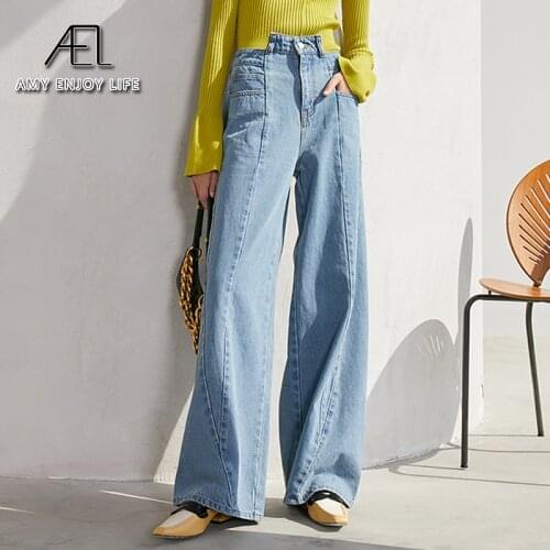 AEL Wide-Leg Jeans Woman Irregular High Waist Casual Denim Long Pants for women Washed Cotton Light Blue Fashion Streetwear