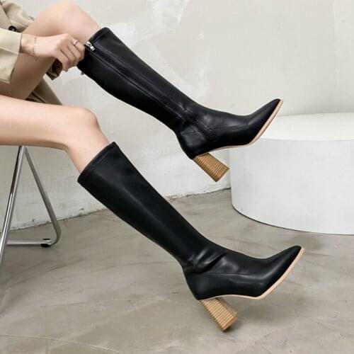 Brand Women Shoes 2021 Autumn Quality Soft Pu Leather Women Boots Fashion Pointed Toe High Heels Female Winter Knee High Boots
