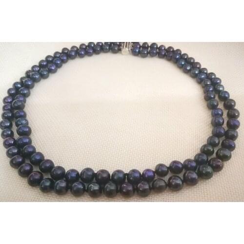 Women Jewelry natural pearl 8x9mm black colors 2 rows necklace real Natural freshwater pearl handmade gift 17'' 42cm
