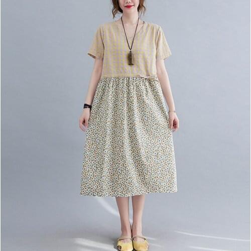 Women Cotton Linen Casual Dress New Arrival 2021 Summer Simple Style Vintage V-neck Print Loose Ladies A-line Long Dresses S3895