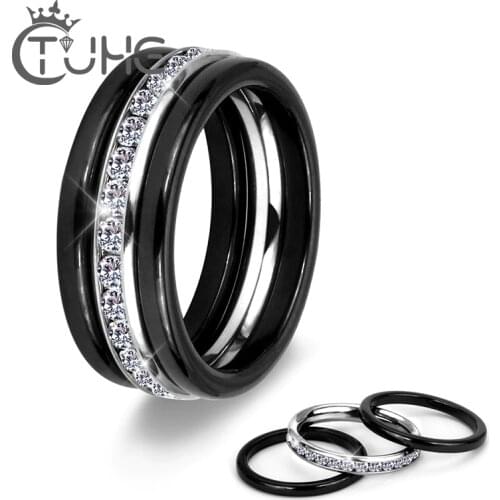 3PCS/Set Modern Colorful Rings Set Innocuous Health Ceramic Rings With White Stone Crystal For Women Stainless Steel Hot Ring