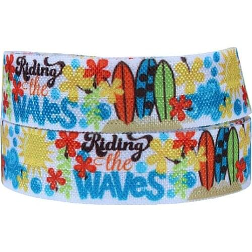 Free shipping 50 yards summer vocation theme wave and surfboard printed fold over elastic
