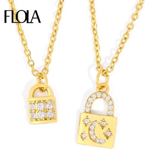 FLOLA Paved CZ Padlock Necklaces For Women Small Gold Chain Moon Star Locket Necklace Cubic Zirconia Trendy Women Jewelry nkeq89