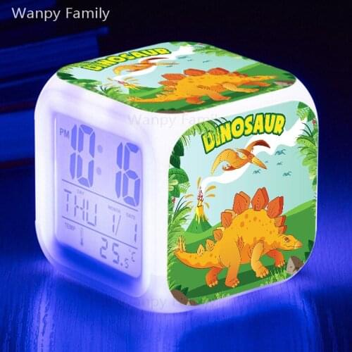 Very Cute Cartoon Dinosaur Alarm Clocks LED Kids room Multifunction 7 Color Changing Luminous Electronic Clock