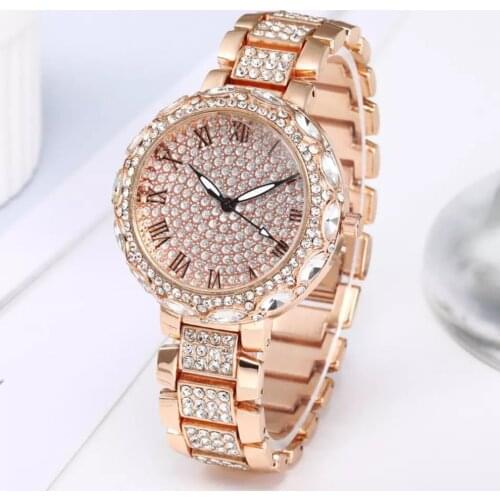 Gypsophila Steel Band Diamond Watch Rhinestone Surface Roman Numerals Luxury Quartz Wristwatch Clock For Female