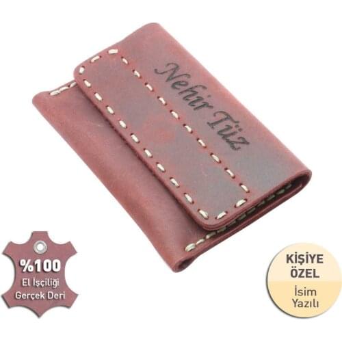 Tesbihane Magnet Cover Beige İpten All Hand Stitching Red Crazy Cowhide Skin Card Wallet