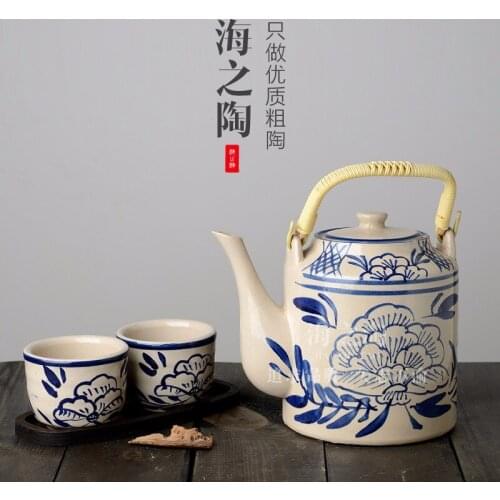 Rough pottery hand-painted Chinese style blue and white tea pot cup set household old-fashioned ceramic kungfu teapot teacup