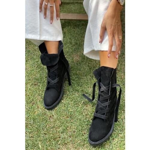 Kadın Siyah Süet Fermuarsız Kalın Bağcık Detaylı Postal