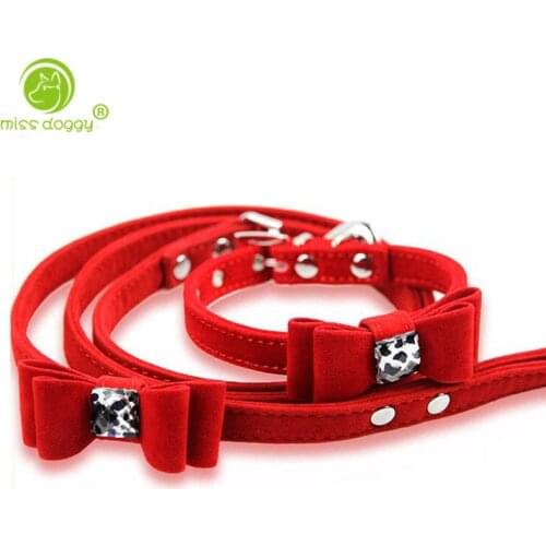 Red/Pink/Black/Purple Luxury Dog Collars Leash Lovely Bow Ornament Velvet Leather Pet Dog Collar Traction Rope for Chihuahua