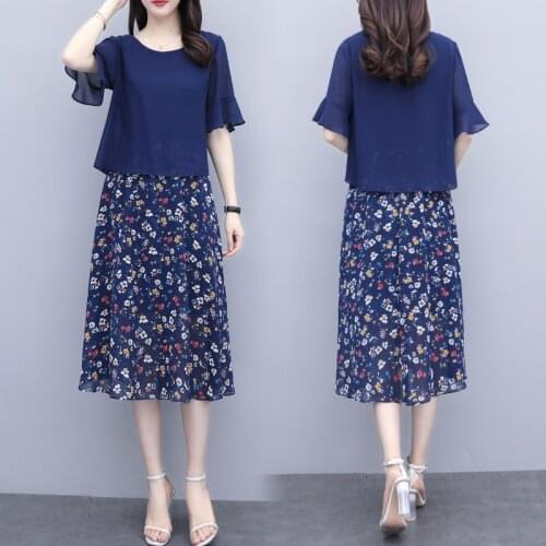 Summer Fake Two Pieces Floral Print Half Sleeve O-neck A-line Natural Chiffon Blue Black Elegant Daily Wear Coctail Dress