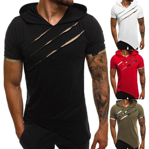 Men Fashion Short Sleeve Ripped Irregular Hem Slim T-shirt Fitness Hoodie tee shirt vintage homme футболка мужская скелет