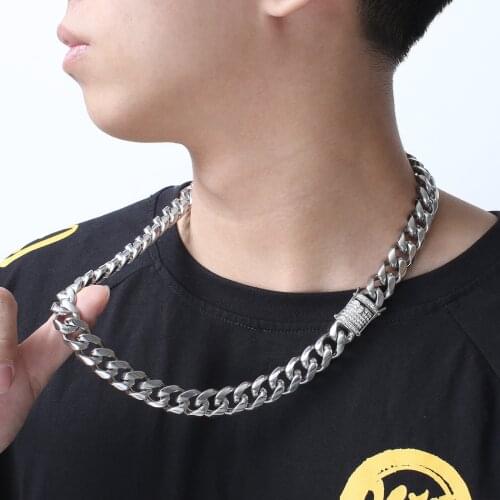 HIp-hop Mens 203g Heavyweight shiny Crystals Drill CZ Clasp stainless steel Curb chain link necklace 15mm 22.6 inch