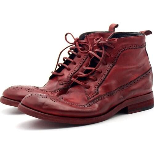 100% Cowhide Leather Mens Boots Runway Luxury Handmade High Quality Retro Red Masculine Boot Lace Up Safety Shoes Men Plus Size