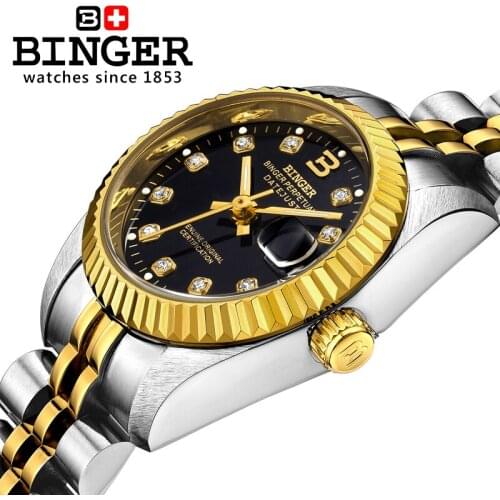 New BINGER Water Ghost Series Classic Gold Dial Luxury Men Automatic Watches Stainless Steel Couple Mechanical Watch Mens Women