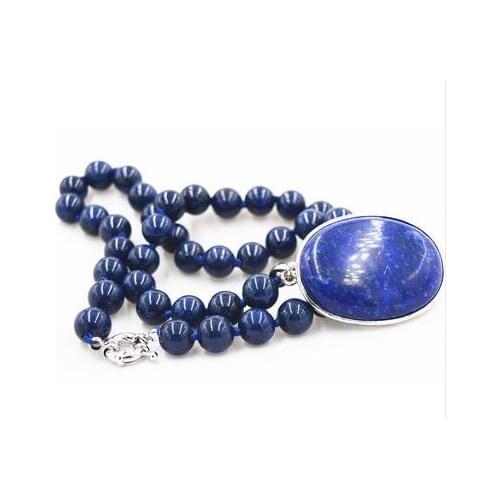 Natural 8mm Egyptian Lapis Lazuli pendant Necklace 18'' Silver Jewelry