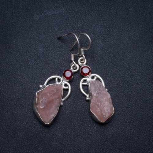 Natural Rose Quartz Rough&Garnet Handmade Mexican 925 Sterling Silver Earrings 1.5" W0046